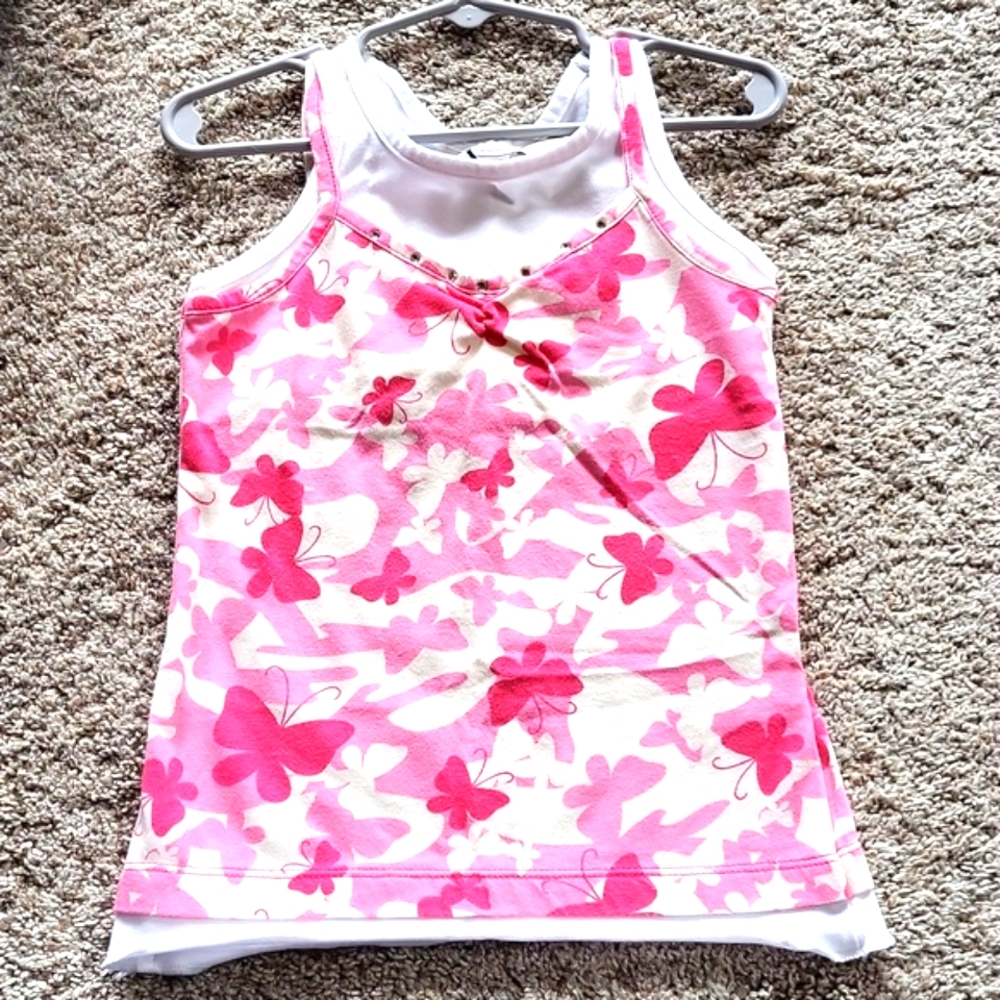 Route 66 Pink, Off-white, and White Butterfly Tank Top